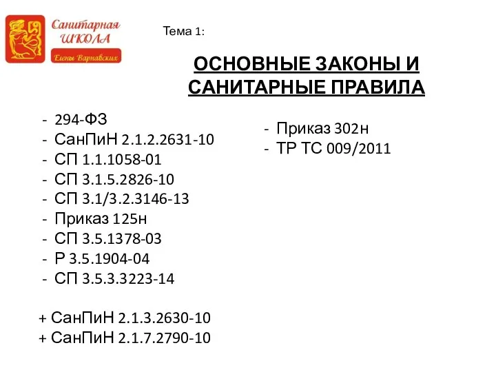 Тема 1: ОСНОВНЫЕ ЗАКОНЫ И САНИТАРНЫЕ ПРАВИЛА 294-ФЗ СанПиН 2.1.2.2631-10 СП