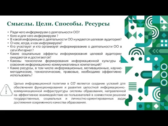 Смыслы. Цели. Способы. Ресурсы Ради чего информируем о деятельности ОО? Кого