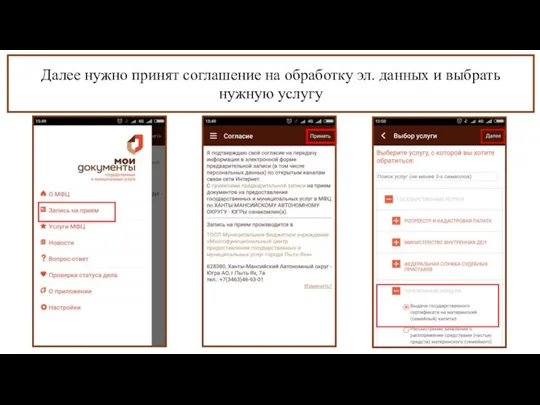 Далее нужно принят соглашение на обработку эл. данных и выбрать нужную услугу