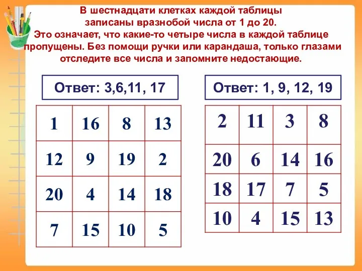 В шестнадцати клетках каждой таблицы записаны вразнобой числа от 1 до