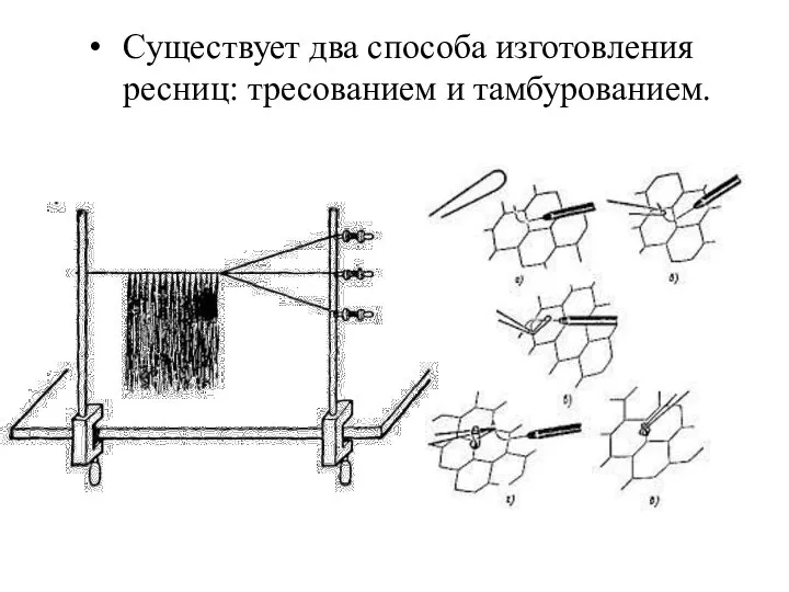 Существует два способа изготовления ресниц: тресованием и тамбурованием.