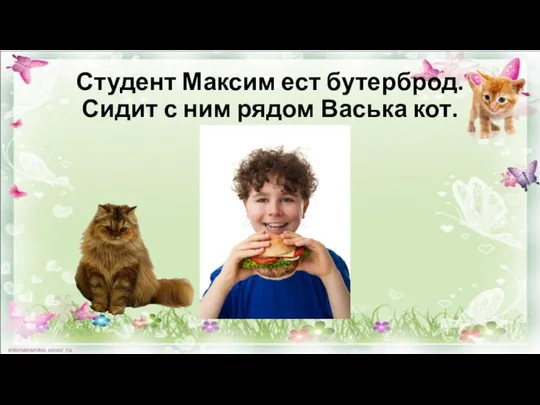 Студент Максим ест бутерброд. Сидит с ним рядом Васька кот.