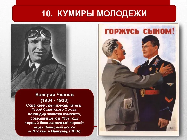 10. КУМИРЫ МОЛОДЕЖИ Валерий Чкалов (1904 - 1938) Советский лётчик-испытатель, Герой