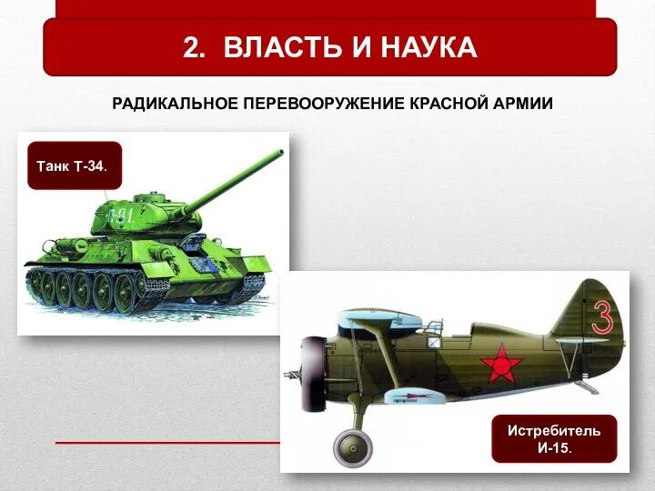 2. ВЛАСТЬ И НАУКА РАДИКАЛЬНОЕ ПЕРЕВООРУЖЕНИЕ КРАСНОЙ АРМИИ Танк Т-34. Истребитель И-15.