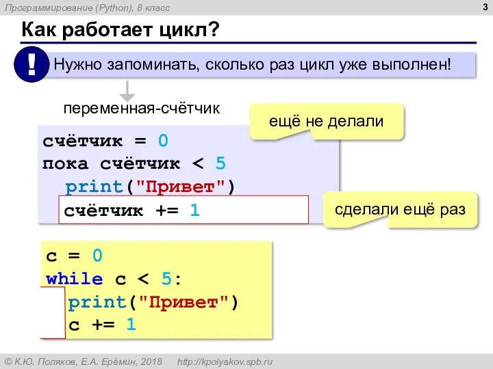 Как работает цикл? переменная-счётчик счётчик = 0 пока счётчик print("Привет") счётчик