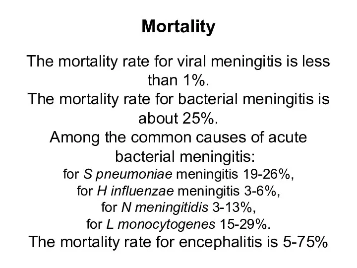 Mortality The mortality rate for viral meningitis is less than 1%.