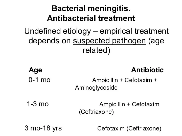 Bacterial meningitis. Antibacterial treatment Undefined etiology – empirical treatment depends on