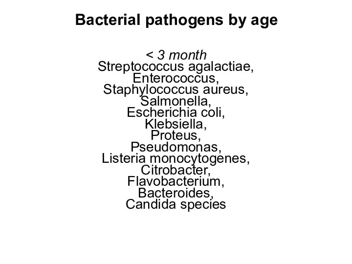 Bacterial pathogens by age Streptococcus agalactiae, Enterococcus, Staphylococcus aureus, Salmonella, Escherichia