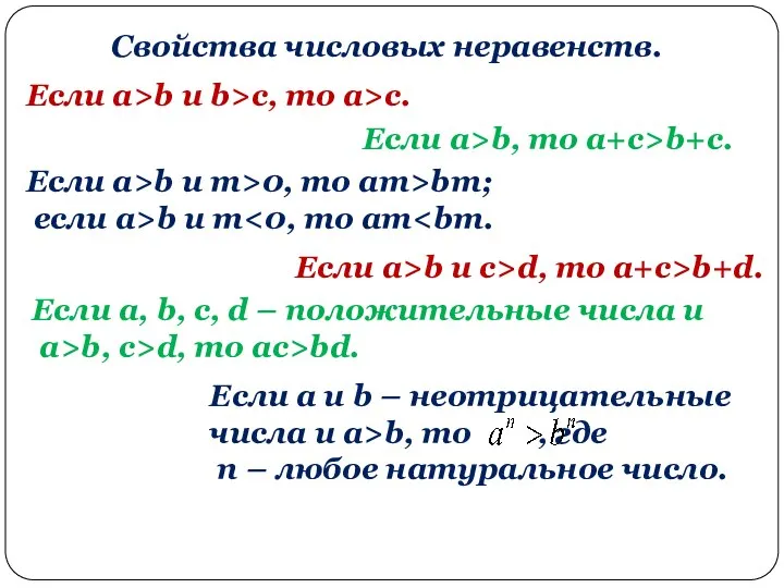 Свойства числовых неравенств. Если a>b и b>c, то a>c. Если a>b,