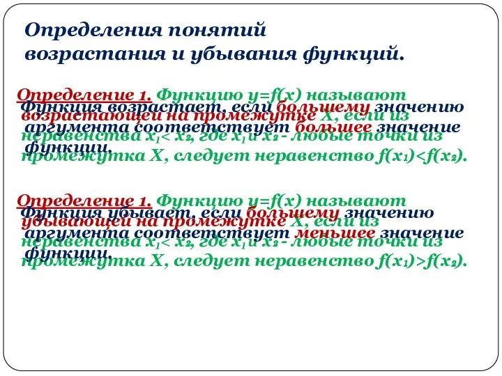 Определения понятий возрастания и убывания функций. Определение 1. Функцию y=f(x) называют