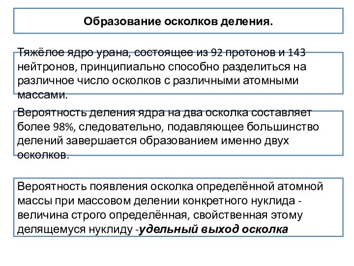 Образование осколков деления. Тяжёлое ядро урана, состоящее из 92 протонов и