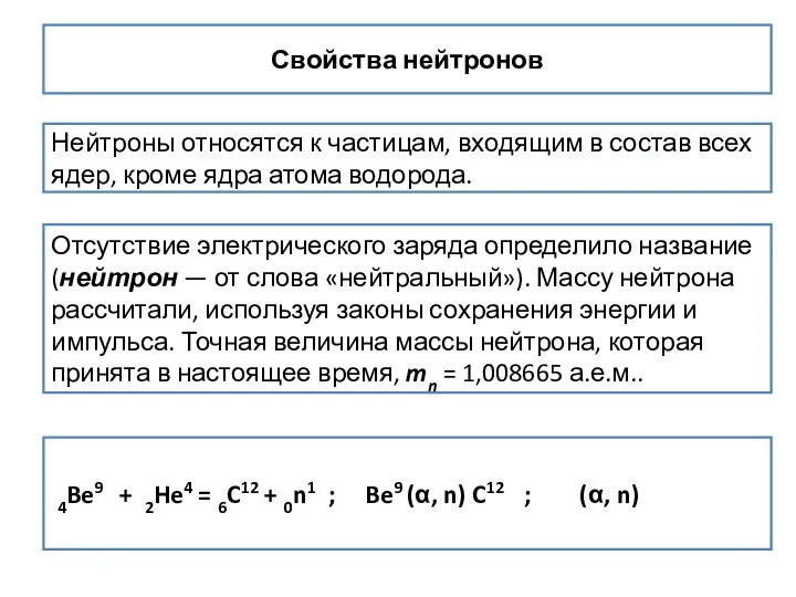 Свойства нейтронов Нейтроны относятся к частицам, входящим в состав всех ядер,