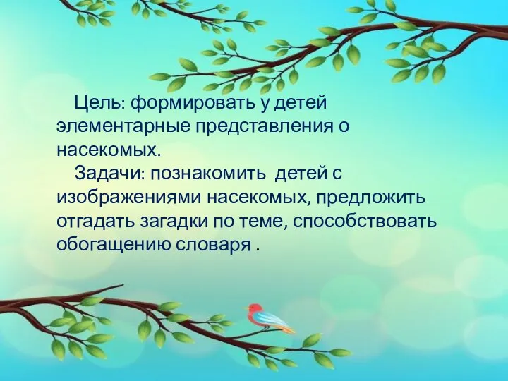 Цель: формировать у детей элементарные представления о насекомых. Задачи: познакомить детей