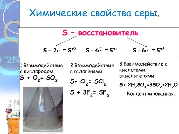 Химические свойства серы. S – восстановитель S – 2e- = S+2