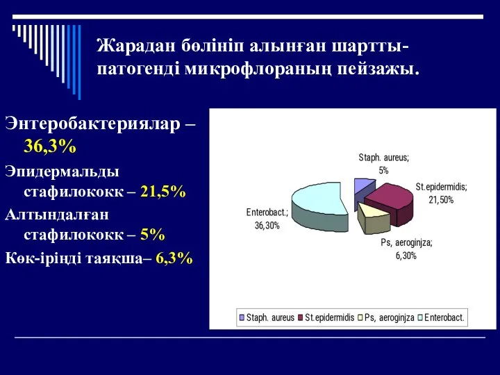 Жарадан бөлініп алынған шартты-патогенді микрофлораның пейзажы. Энтеробактериялар – 36,3% Эпидермальды стафилококк