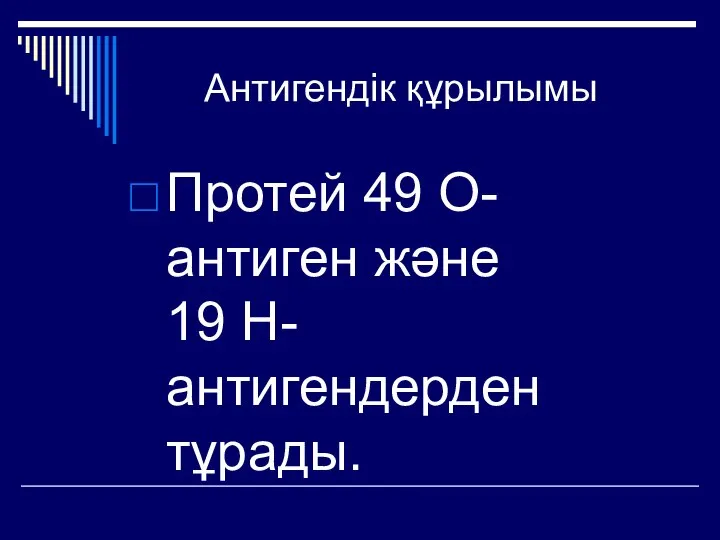 Антигендік құрылымы Протей 49 О-антиген және 19 Н- антигендерден тұрады.