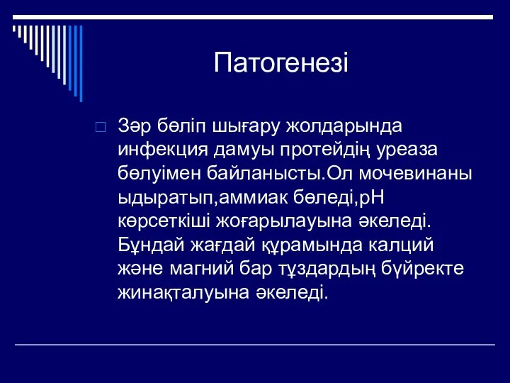 Патогенезі Зәр бөліп шығару жолдарында инфекция дамуы протейдің уреаза бөлуімен байланысты.Ол