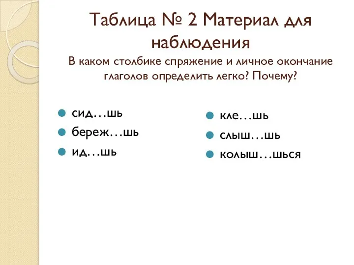 Таблица № 2 Материал для наблюдения В каком столбике спряжение и