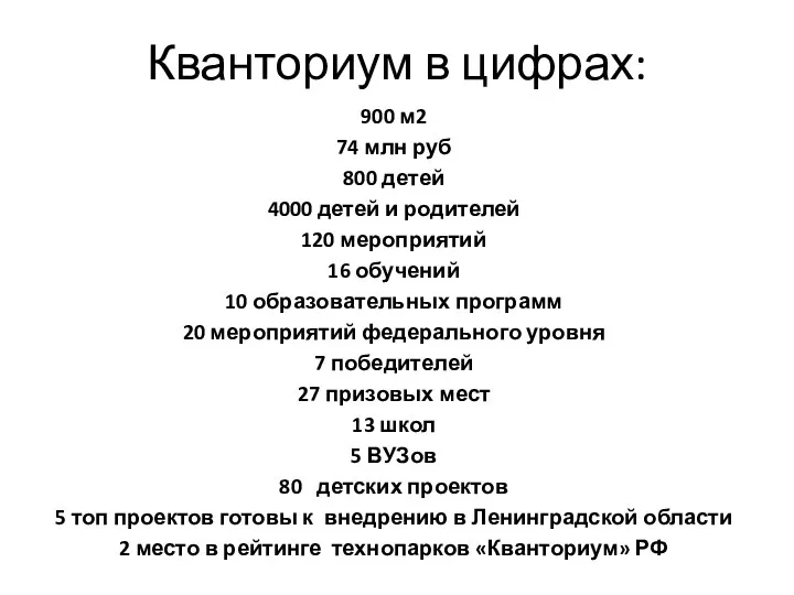 Кванториум в цифрах: 900 м2 74 млн руб 800 детей 4000