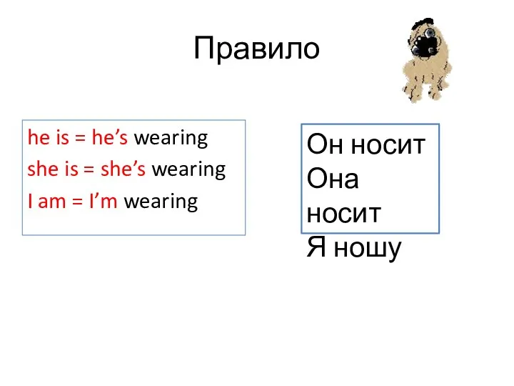 Правило he is = he’s wearing she is = she’s wearing