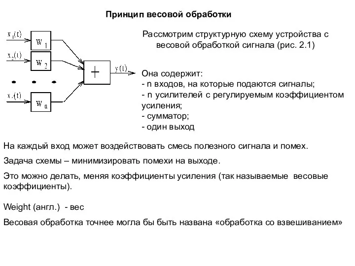 Принцип весовой обработки Рассмотрим структурную схему устройства с весовой обработкой сигнала