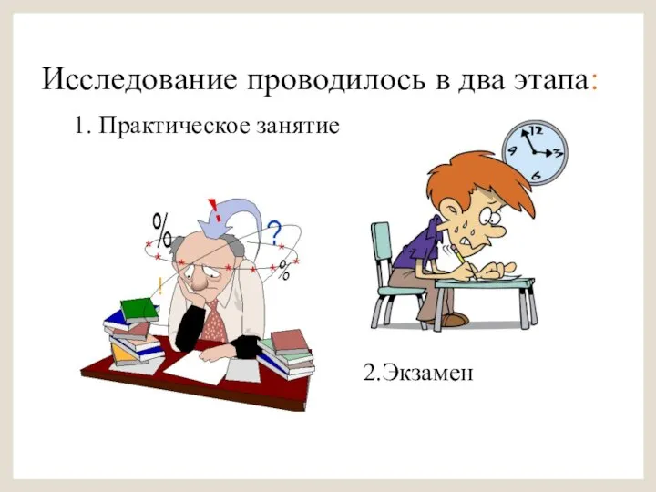 Исследование проводилось в два этапа: 1. Практическое занятие 2.Экзамен