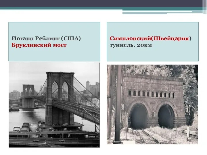 Иоганн Реблинг (США) Бруклинский мост Симплонский(Швейцария) туннель. 20км