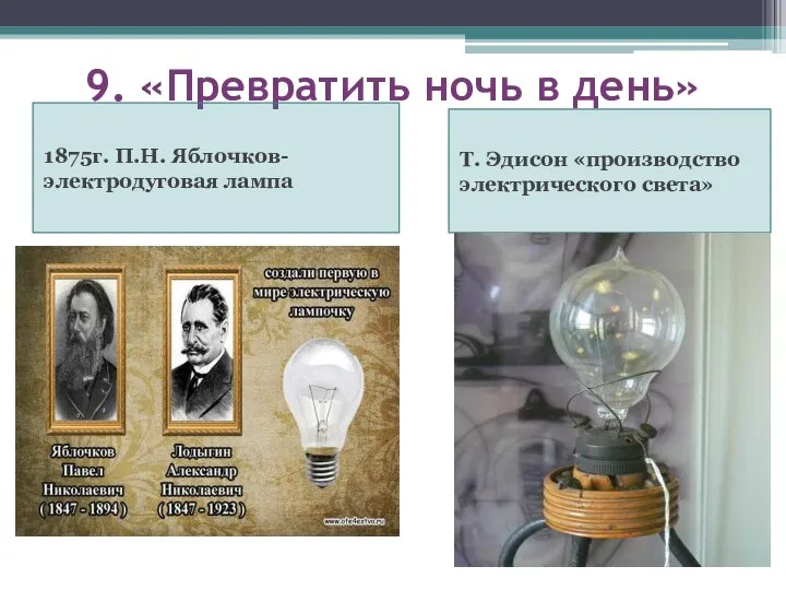 9. «Превратить ночь в день» 1875г. П.Н. Яблочков-электродуговая лампа Т. Эдисон «производство электрического света»