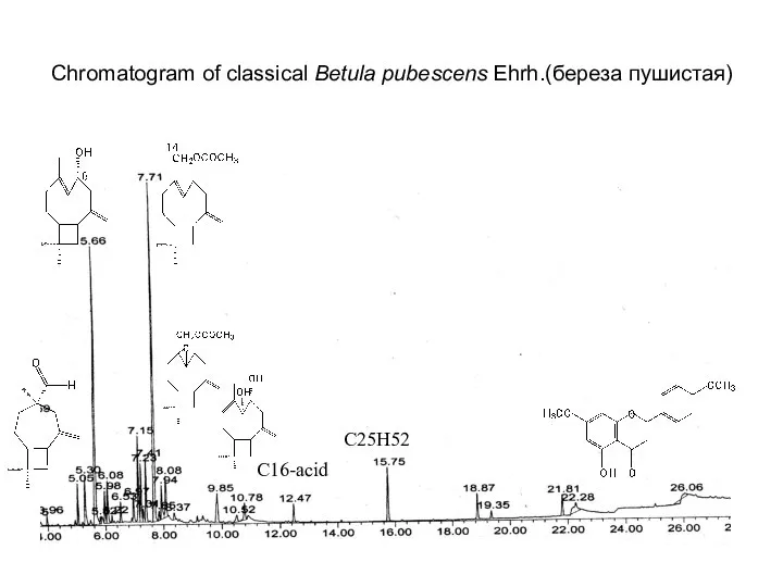 Chromatogram of classical Betula pubescens Ehrh.(береза пушистая) С25Н52 С16-acid