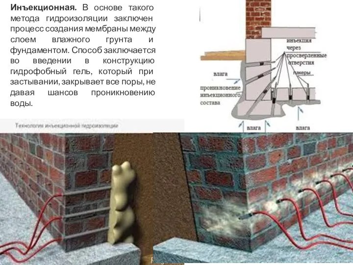 Инъекционная. В основе такого метода гидроизоляции заключен процесс создания мембраны между