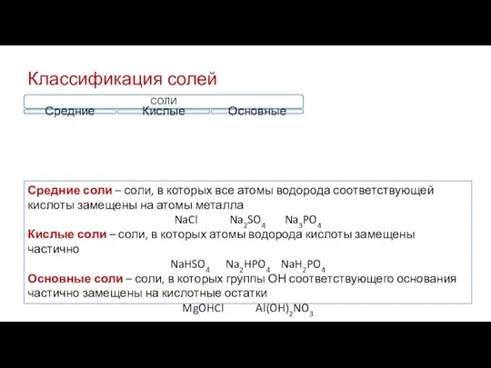 Классификация солей СОЛИ Средние Кислые Основные Средние соли – соли, в