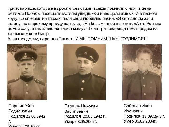 Паршин Жан Родионович Родился 23.01.1942г. Умер 27.03.2000г. Паршин Николай Васильевич Родился