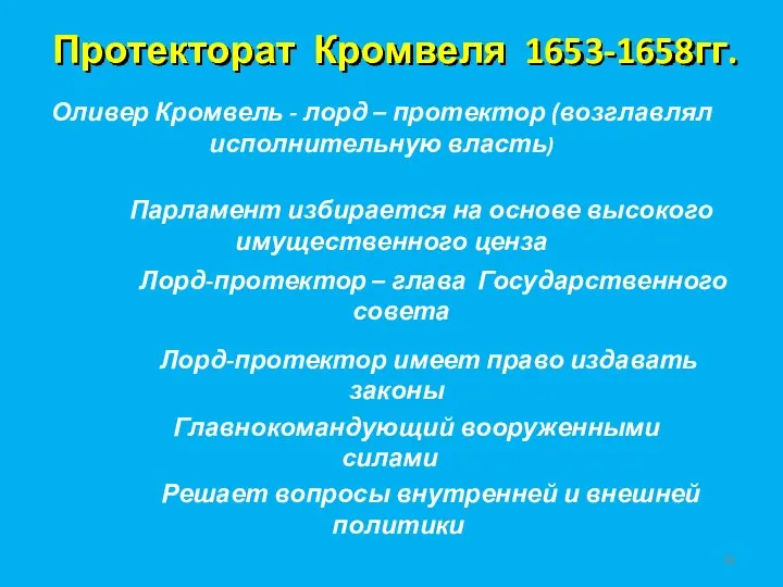 Протекторат Кромвеля 1653-1658гг. Оливер Кромвель - лорд – протектор (возглавлял исполнительную