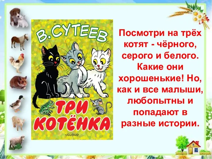 Посмотри на трёх котят - чёрного, серого и белого. Какие они