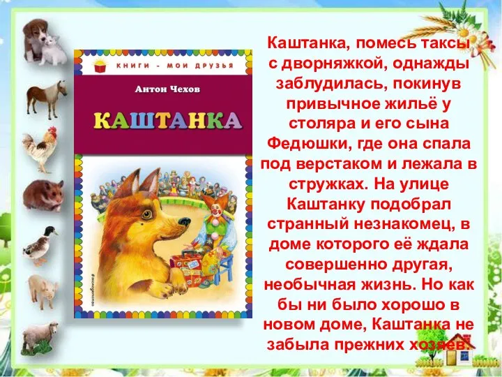 Каштанка, помесь таксы с дворняжкой, однажды заблудилась, покинув привычное жильё у