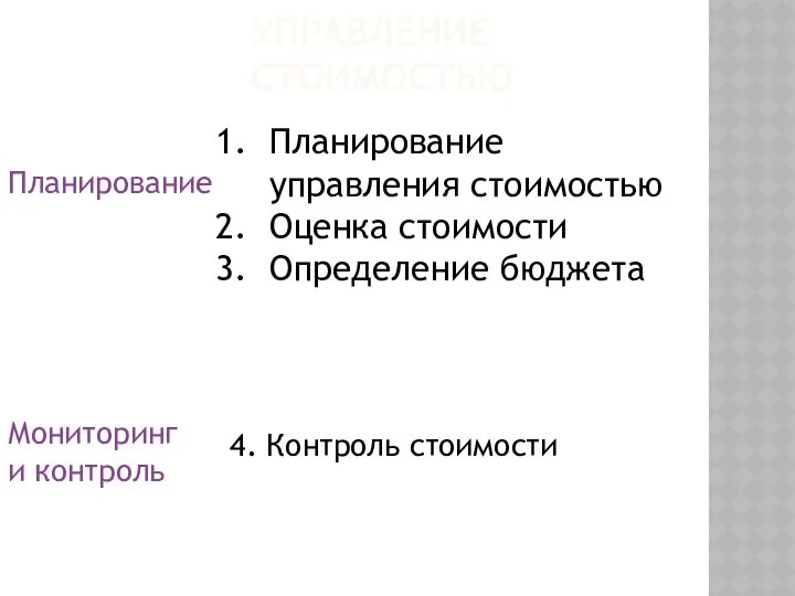 УПРАВЛЕНИЕ СТОИМОСТЬЮ Планирование Мониторинг и контроль Планирование управления стоимостью Оценка стоимости Определение бюджета 4. Контроль стоимости