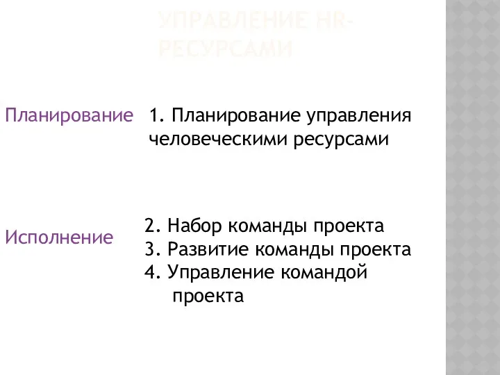 УПРАВЛЕНИЕ HR-РЕСУРСАМИ Планирование Исполнение 2. Набор команды проекта 3. Развитие команды