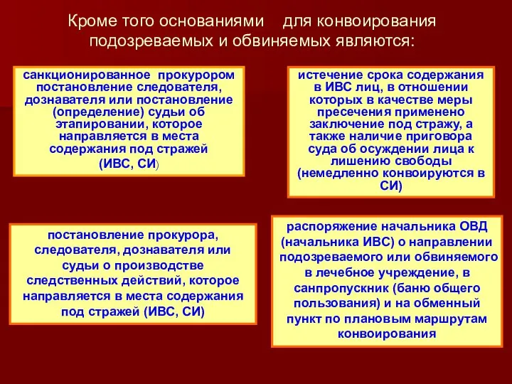 Кроме того основаниями для конвоирования подозреваемых и обвиняемых являются: санкционированное прокурором