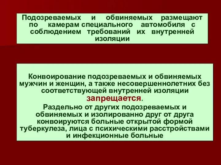 Подозреваемых и обвиняемых размещают по камерам специального автомобиля с соблюдением требований