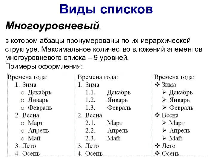 Многоуровневый, в котором абзацы пронумерованы по их иерархической структуре. Максимальное количество