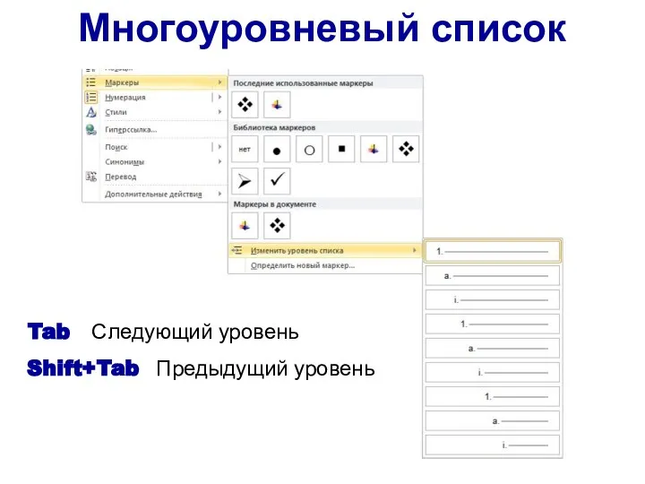 Многоуровневый список Tab Следующий уровень Shift+Tab Предыдущий уровень