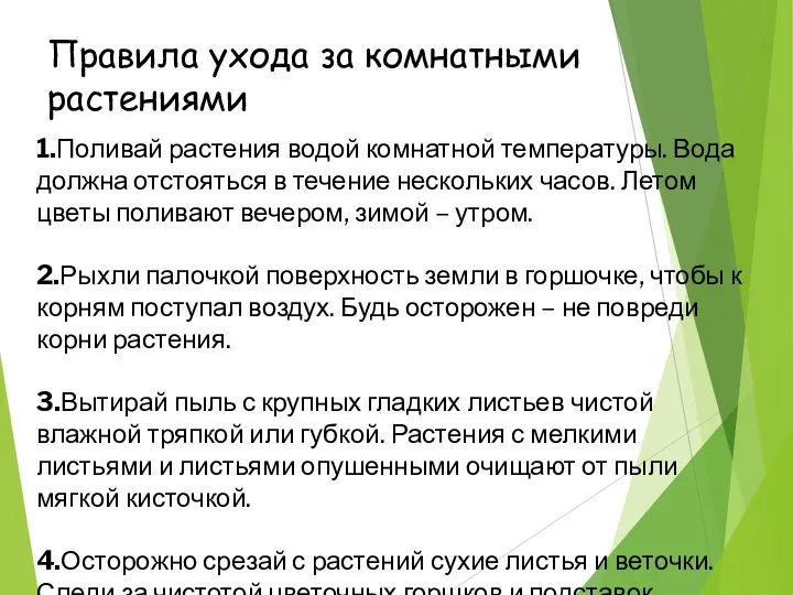 Правила ухода за комнатными растениями 1.Поливай растения водой комнатной температуры. Вода