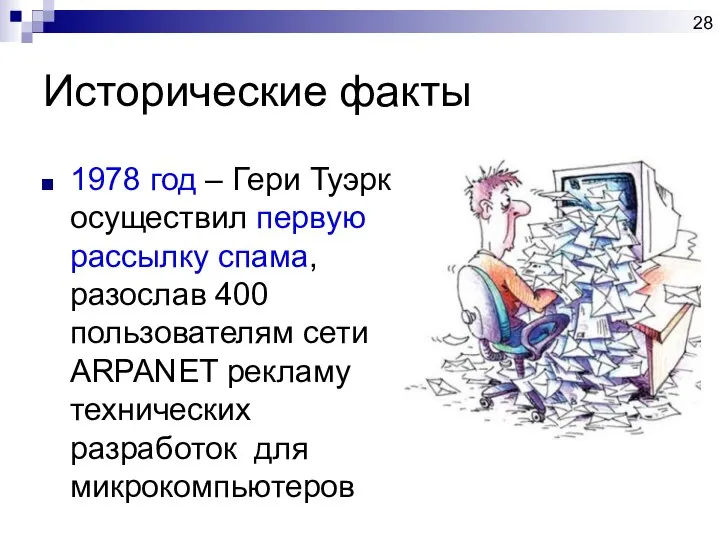 Исторические факты 1978 год – Гери Туэрк осуществил первую рассылку спама,