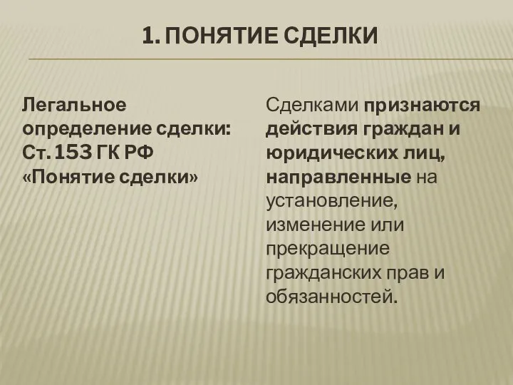 1. ПОНЯТИЕ СДЕЛКИ Легальное определение сделки: Ст. 153 ГК РФ «Понятие