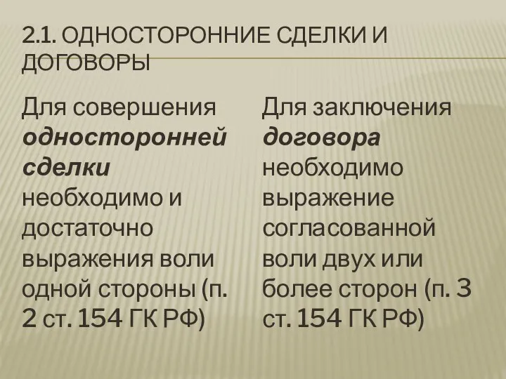 2.1. ОДНОСТОРОННИЕ СДЕЛКИ И ДОГОВОРЫ Для совершения односторонней сделки необходимо и