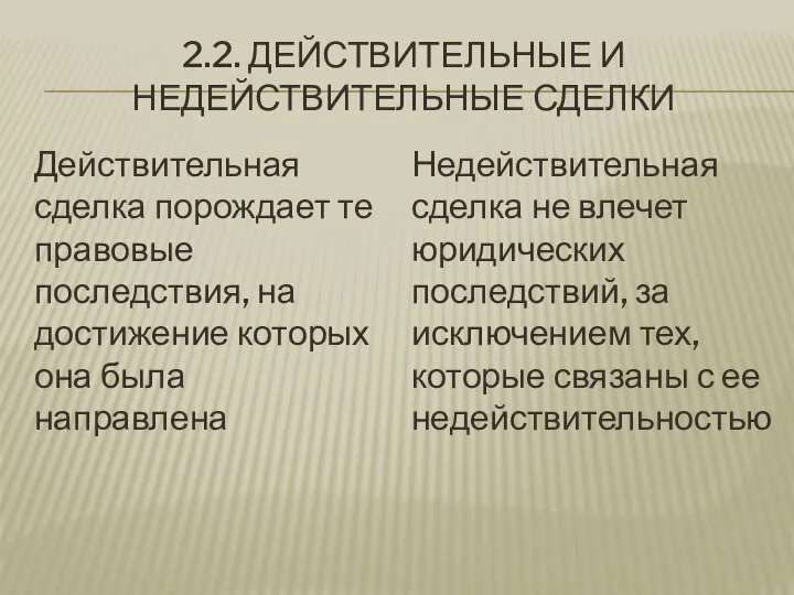 2.2. ДЕЙСТВИТЕЛЬНЫЕ И НЕДЕЙСТВИТЕЛЬНЫЕ СДЕЛКИ Действительная сделка порождает те правовые последствия,