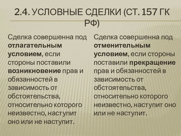 2.4. УСЛОВНЫЕ СДЕЛКИ (СТ. 157 ГК РФ) Сделка совершенна под отлагательным