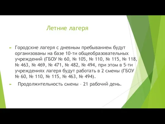 Летние лагеря Городские лагеря с дневным пребыванием будут организованы на базе