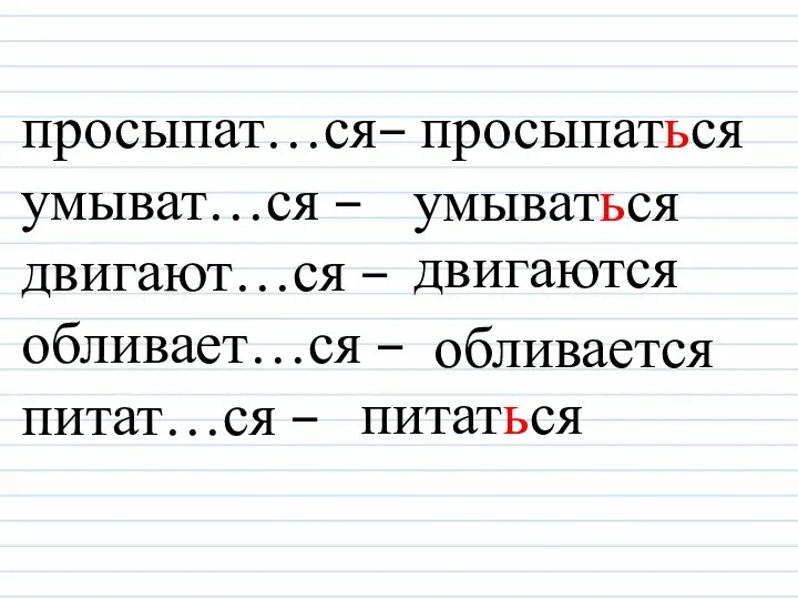 просыпат…ся– умыват…ся – двигают…ся – обливает…ся – питат…ся – просыпаться умываться двигаются обливается питаться