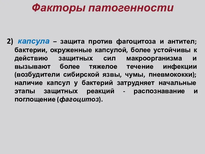 Факторы патогенности 2) капсула – защита против фагоцитоза и антител; бактерии,